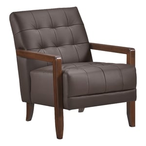 Pemberly Row Button Tufted Accent Armchair in Dark Brown Leather Wood Frame