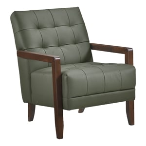 Pemberly Row Button Tufted Accent Armchair in Green Leather Walnut Brown Wood