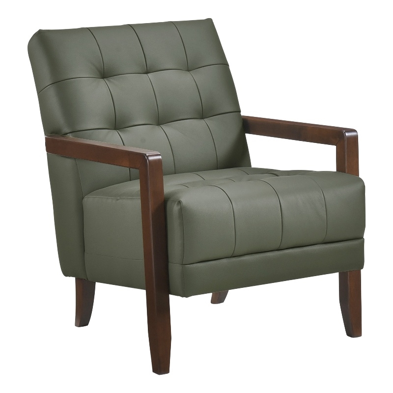 Pemberly Row Button Tufted Accent Armchair in Green Leather Walnut Brown Wood