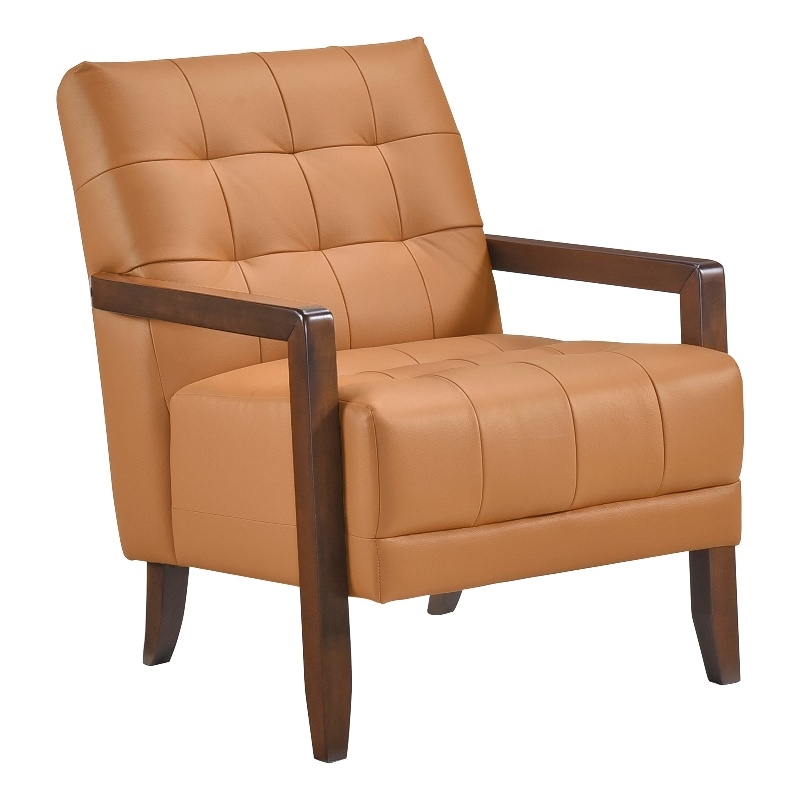 Pemberly Row Button Tufted Accent Armchair in Orange Leather Walnut Brown
