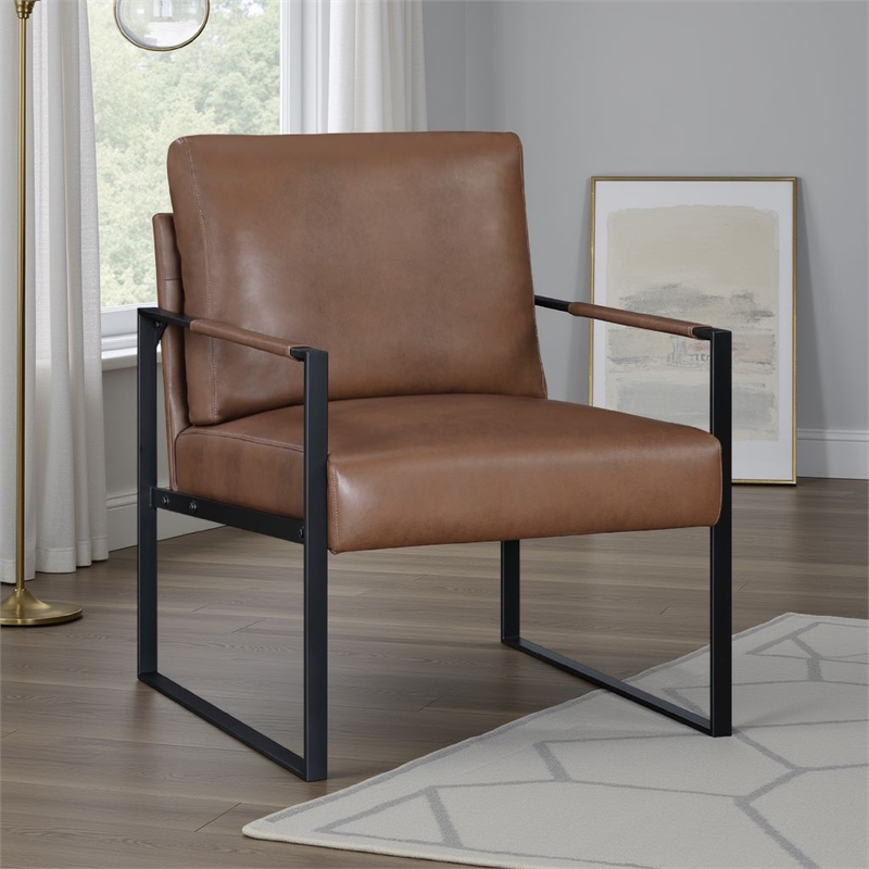 Pemberly Row Accent Armchair in Dark Brown Faux Leather with Black Metal Frame