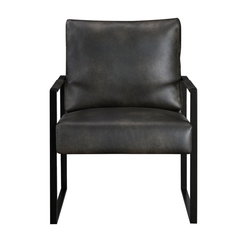 Pemberly Row Accent Armchair in Dark Gray Faux Leather with Black Metal Frame