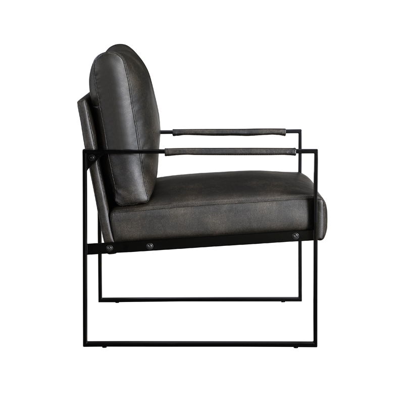 Pemberly Row Accent Armchair in Dark Gray Faux Leather with Black Metal Frame