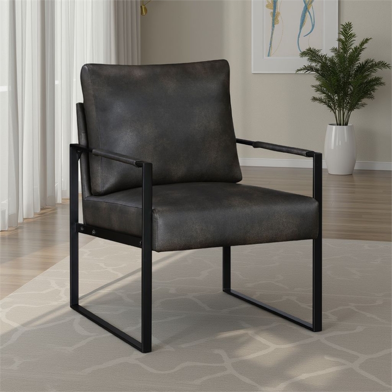 Pemberly Row Accent Armchair in Dark Gray Faux Leather with Black Metal Frame