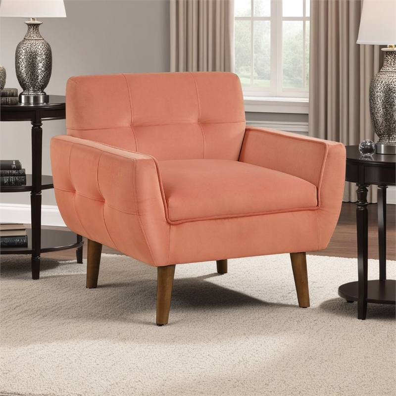Pemberly Row Accent Armchair in Coral Orange Velvet Tufted Back Tapered Legs