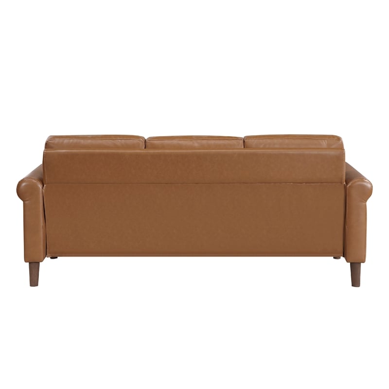 Pemberly Row 79 Inch Sofa with Rolled Arms in Mid Century Brown Faux Leather
