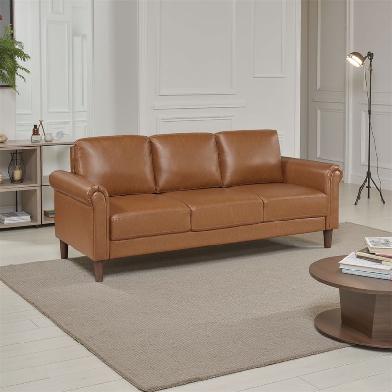 Pemberly Row 79 Inch Sofa with Rolled Arms in Mid Century Brown Faux Leather