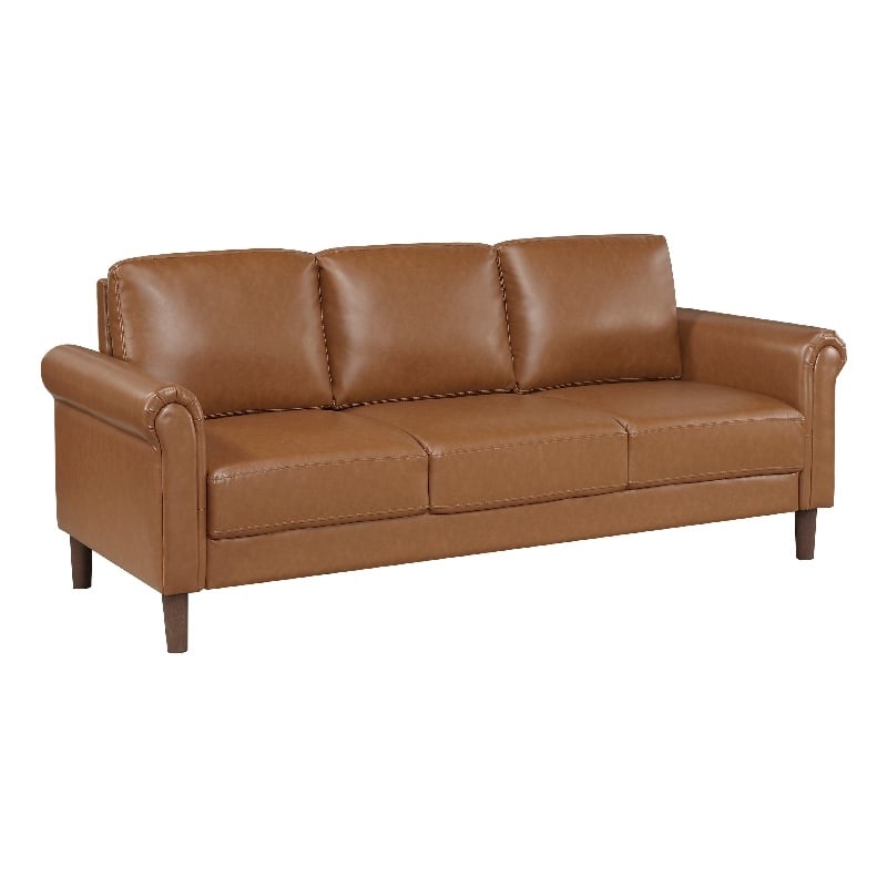 Pemberly Row 79 Inch Sofa with Rolled Arms in Mid Century Brown Faux Leather