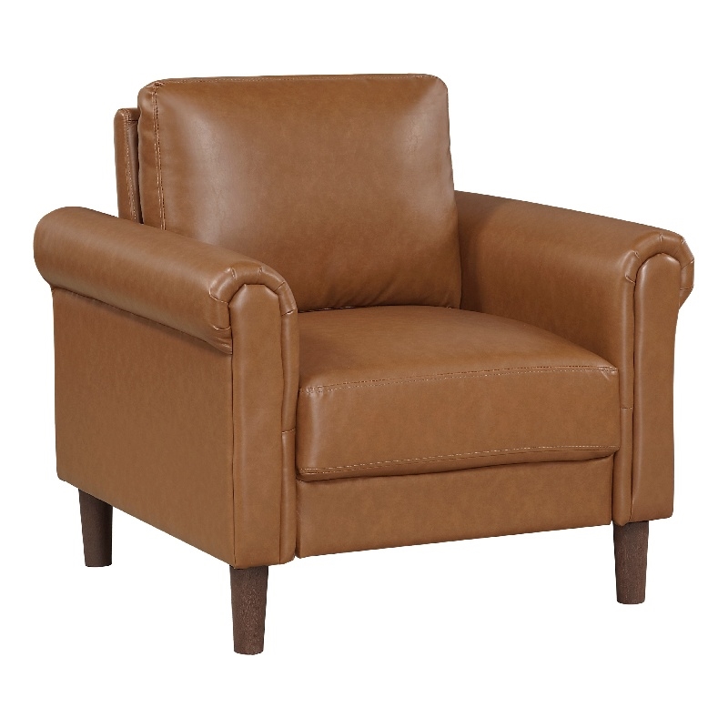 Pemberly Row Accent Armchair with Rolled Arms in Brown Faux Leather