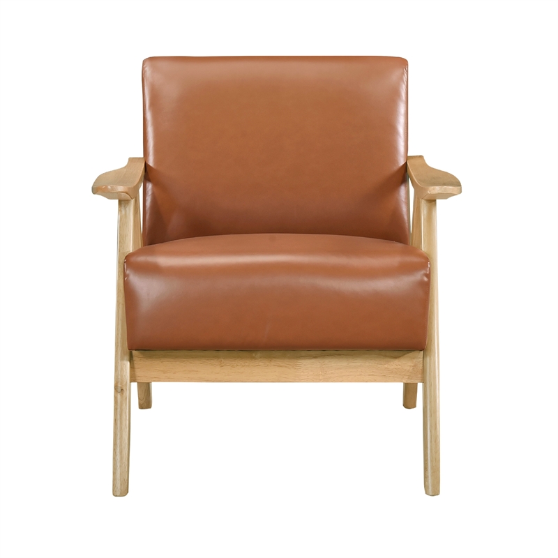 Pemberly Row Accent Club Armchair in Faux Leather with Natural Brown Solid Wood