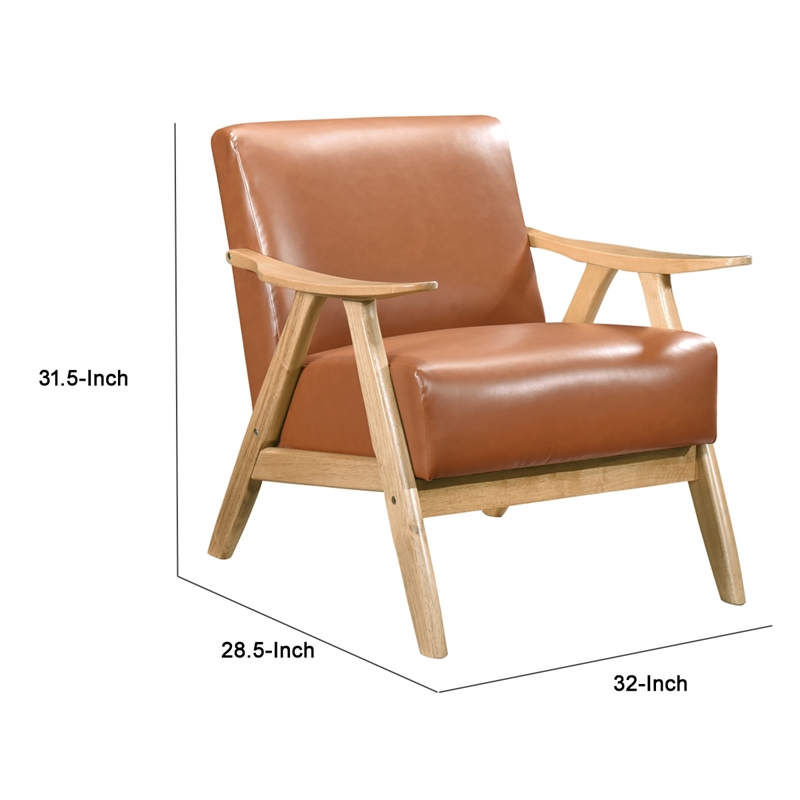 Pemberly Row Accent Club Armchair in Faux Leather with Natural Brown Solid Wood
