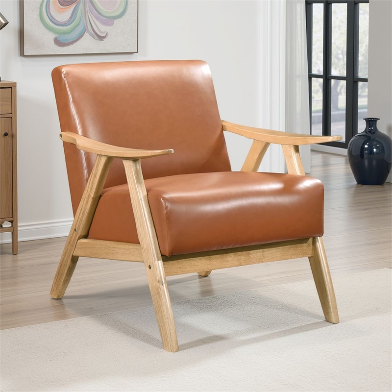 Pemberly Row Accent Club Armchair in Faux Leather with Natural Brown Solid Wood