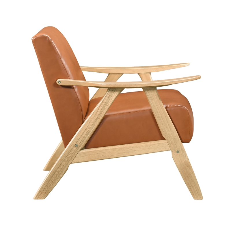 Pemberly Row Accent Club Armchair in Faux Leather with Natural Brown Solid Wood