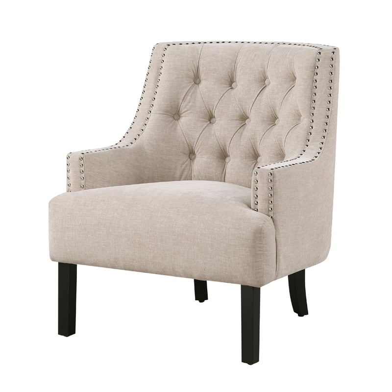 Pemberly Row Button Tufted Accent Armchair in Beige Chenille with Solid Wood