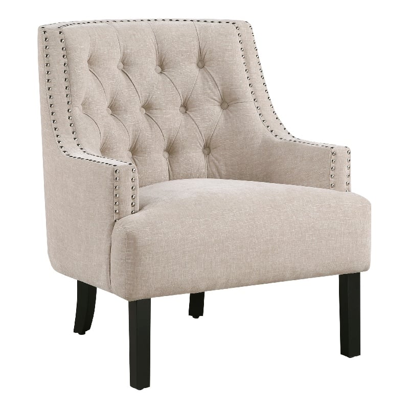 Pemberly Row Button Tufted Accent Armchair in Beige Chenille with Solid Wood