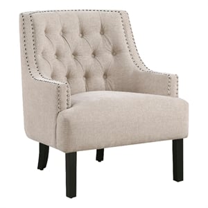 Pemberly Row Button Tufted Accent Armchair in Beige Chenille with Solid Wood
