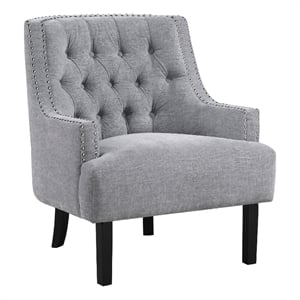 Pemberly Row Button Tufted Accent Armchair in Gray Chenille with Solid Wood