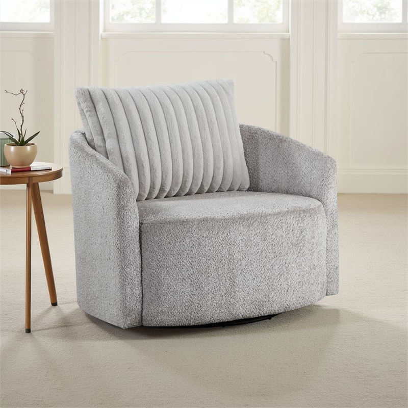 Pemberly Row Swivel Armchair in Gray Chenille with Large Corduroy Back Pillow