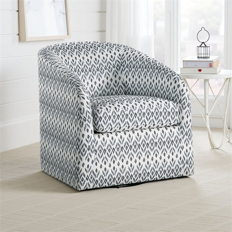 Pemberly Row Swivel Armchair in Blue and White Geometric Pattern Fabric