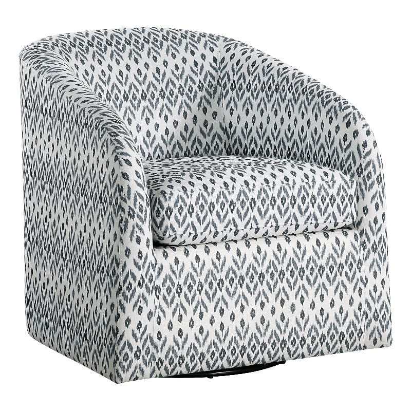 Pemberly Row Swivel Armchair in Blue and White Geometric Pattern Fabric