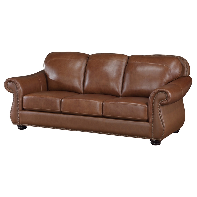Pemberly Row 85 Inch Sofa in Rich Brown Top Grain and Faux Leather Solid Wood