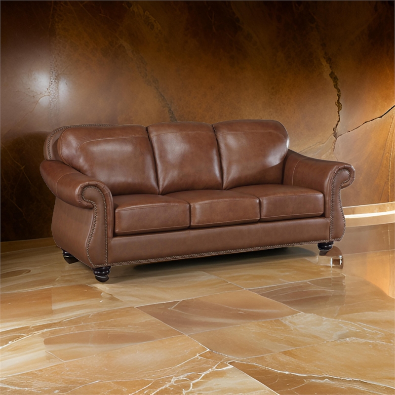Pemberly Row 85 Inch Sofa in Rich Brown Top Grain and Faux Leather Solid Wood