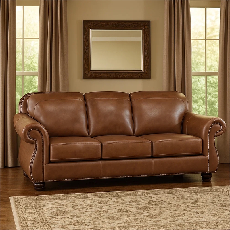 Pemberly Row 85 Inch Sofa in Rich Brown Top Grain and Faux Leather Solid Wood