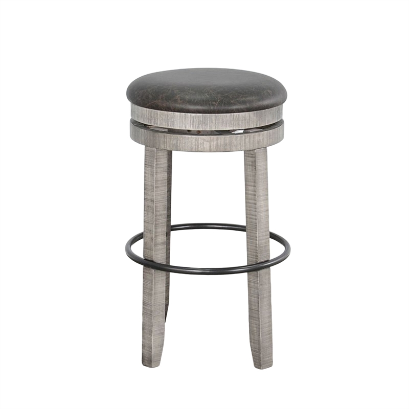 Pemberly Row Swivel Barstool Set of 2 in Gray Faux Leather and Mahogany Wood