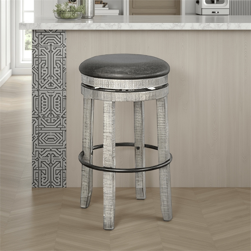 Pemberly Row Swivel Barstool Set of 2 in Gray Faux Leather and Mahogany Wood