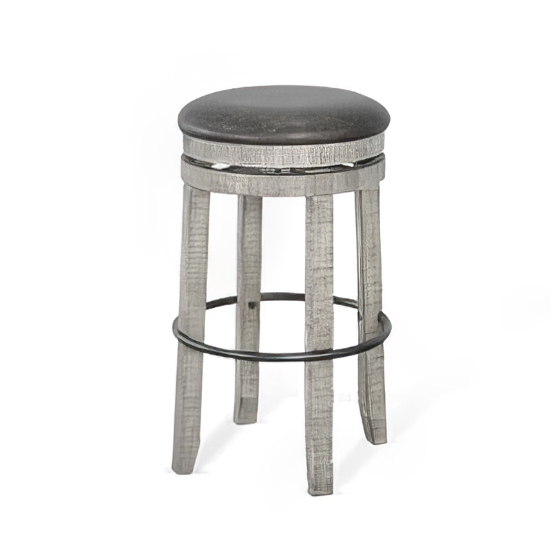 Pemberly Row Swivel Barstool Set of 2 in Gray Faux Leather and Mahogany Wood