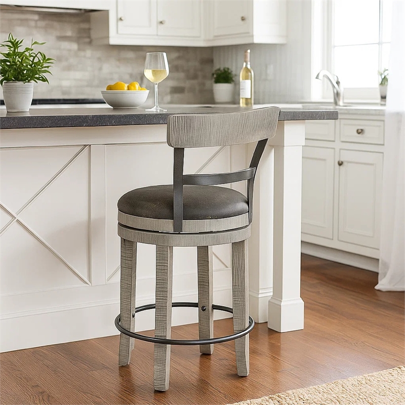Pemberly Row Swivel Counter Stool Chair Set of 2 in Faux Leather Gray Mahogany