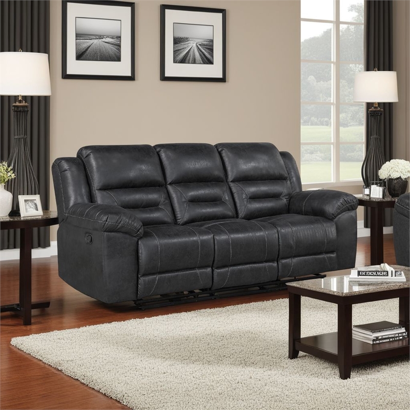 Pemberly Row Manual Double Reclining Sofa in Pillow Tufted Black Microfiber