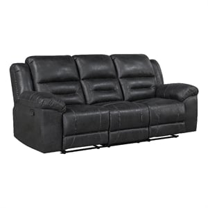 Pemberly Row Manual Double Reclining Sofa in Pillow Tufted Black Microfiber