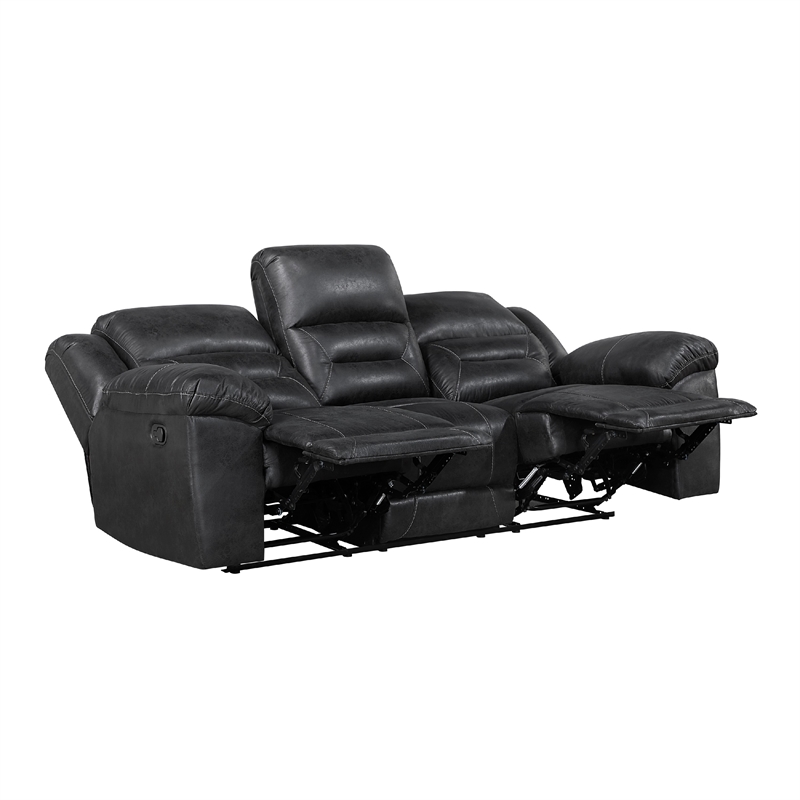 Pemberly Row Manual Double Reclining Sofa in Pillow Tufted Black Microfiber