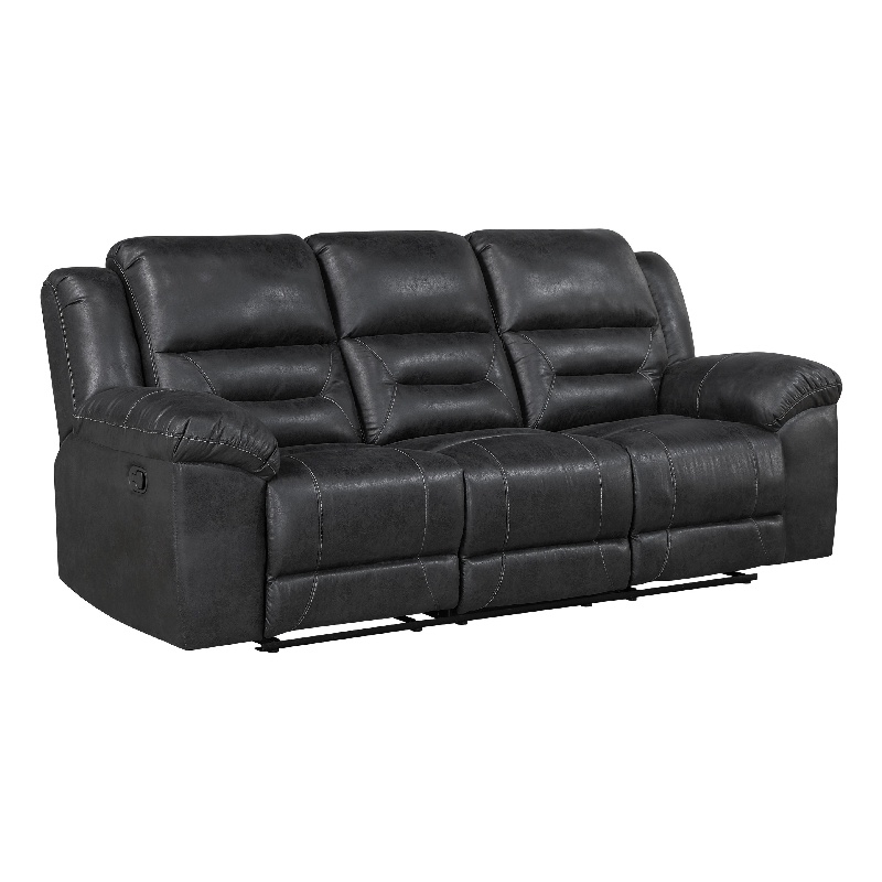 Pemberly Row Manual Double Reclining Sofa in Pillow Tufted Black Microfiber