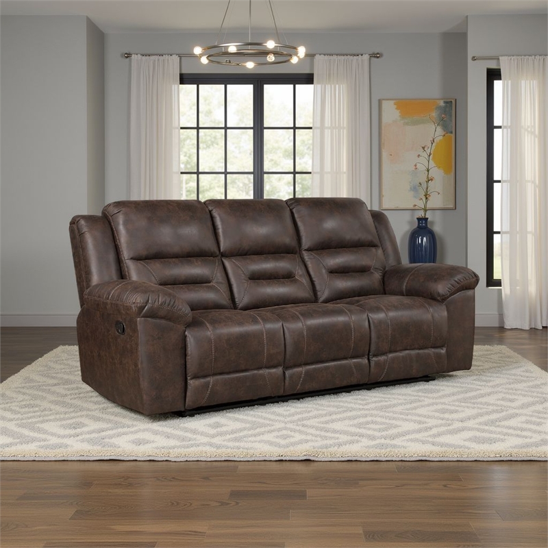 Pemberly Row Manual Double Reclining Sofa in Dark Brown Pillow Tuft Microfiber