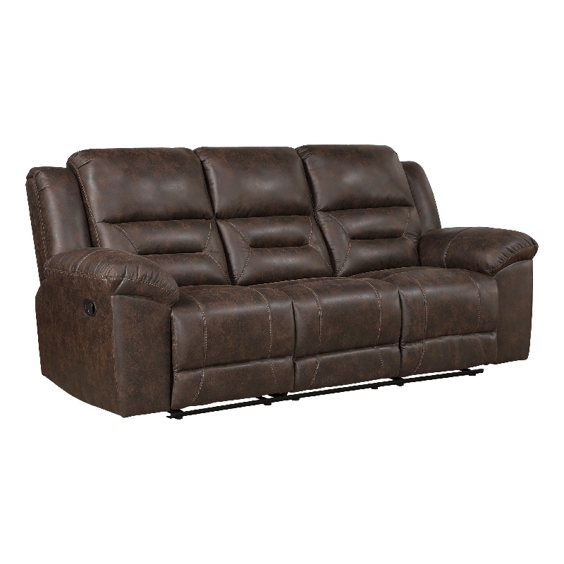 Pemberly Row Manual Double Reclining Sofa in Dark Brown Pillow Tuft Microfiber