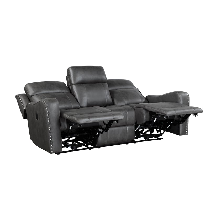 Pemberly Row 82 Inch Power Recline Sofa in Dark Gray Microfiber with USB Ports