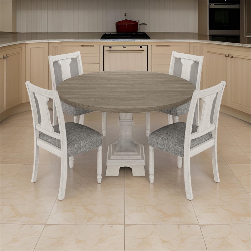 Pemberly Row 5 Piece Dining Table and Chair Set Fiddleback Round Top in Gray