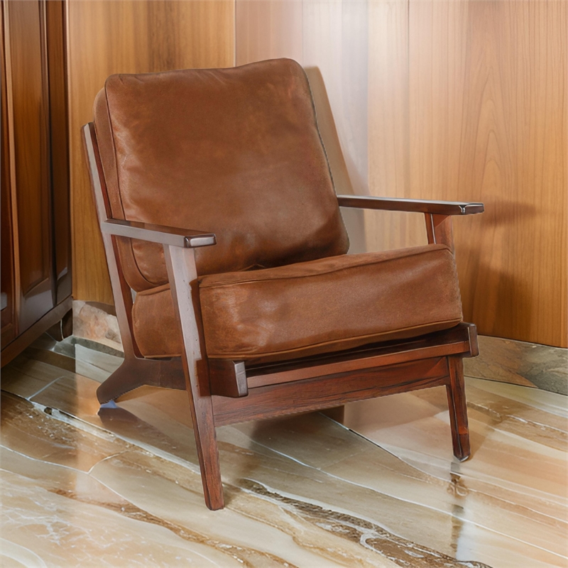 Pemberly Row Accent Lounge Chair in Faux Leather with Dark Brown Solid Wood
