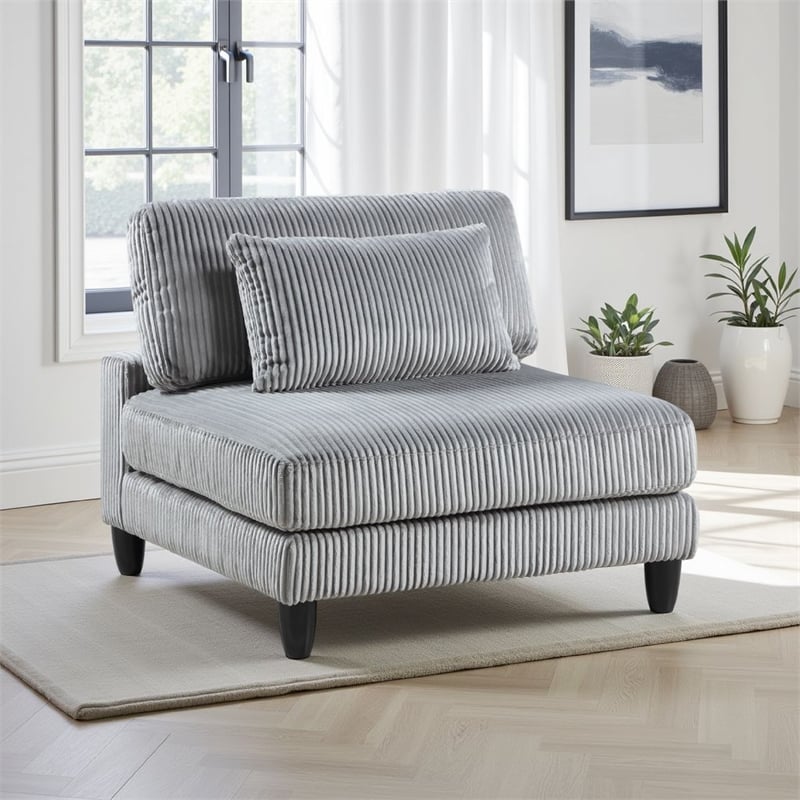 Pemberly Row Modular Armless Chair with Black Solid Wood Legs in Gray Corduroy