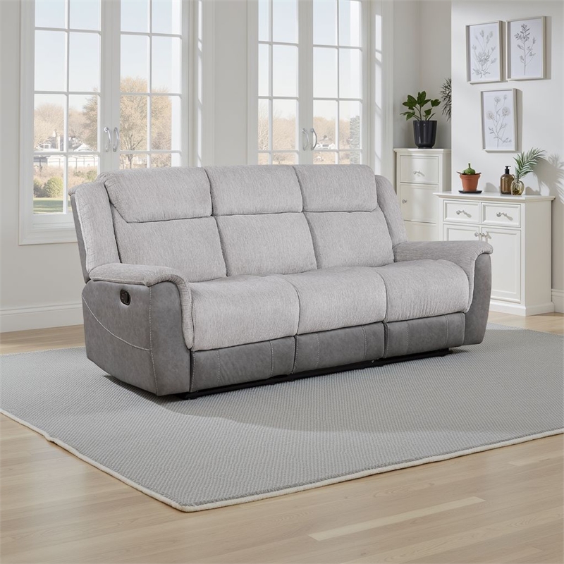 Pemberly Row 86 Inch Manual Reclining Sofa with Console in White Gray