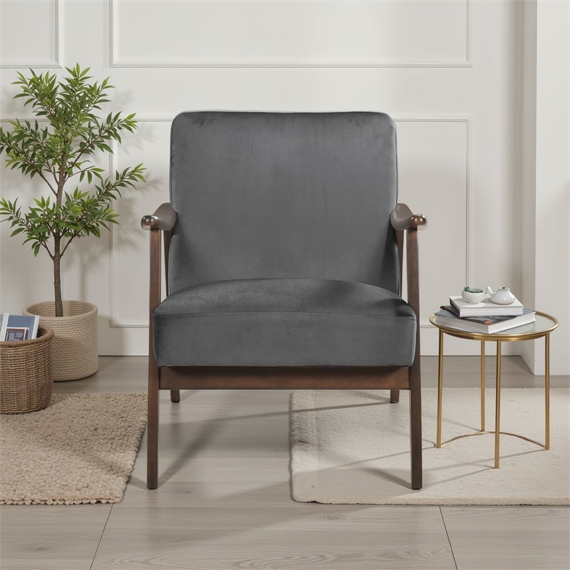Pemberly Row Accent Club Chair in Dark Gray Polyester with Solid Rubberwood