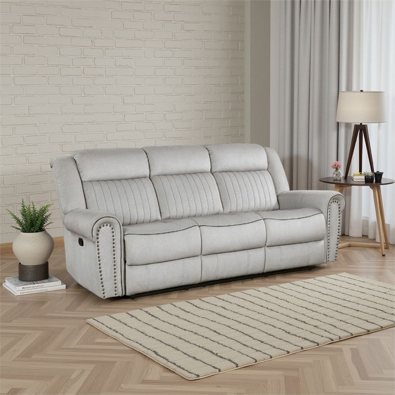 Pemberly Row 89 Inch Manual Reclining Sofa in Gray Microfiber with Nailhead Trim