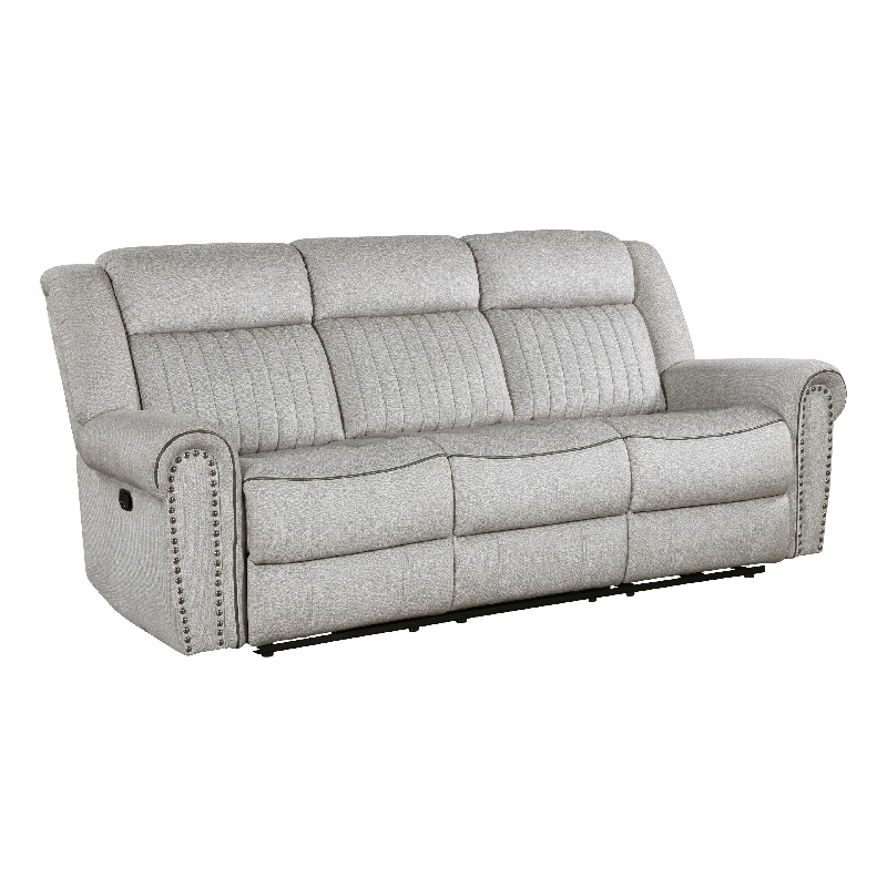 Pemberly Row 89 Inch Manual Reclining Sofa in Gray Microfiber with Nailhead Trim