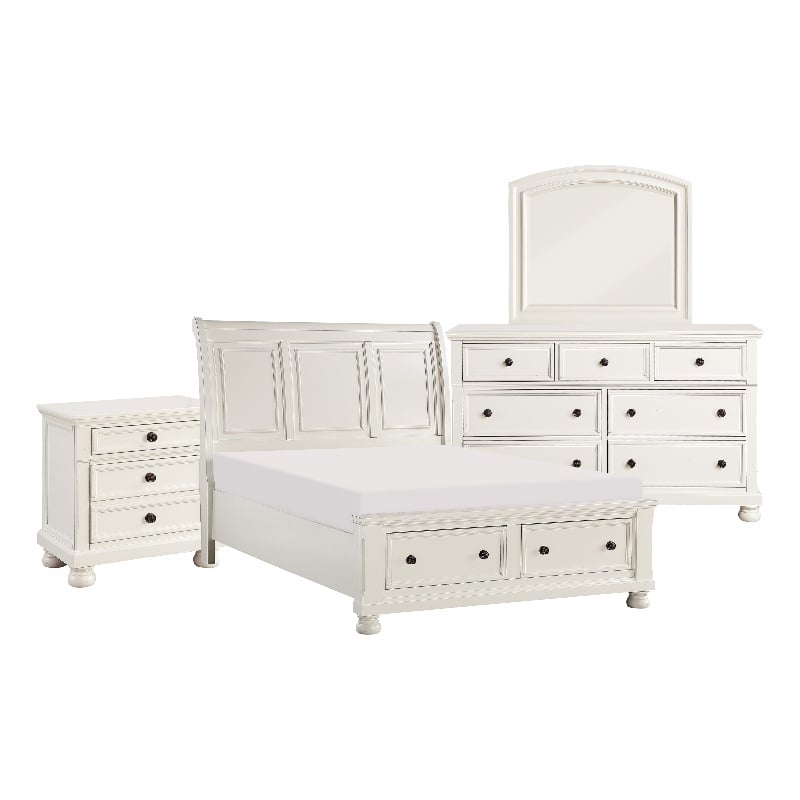 Pemberly Row 4 Piece Queen Size Bedroom Set in White with Bronze Accents