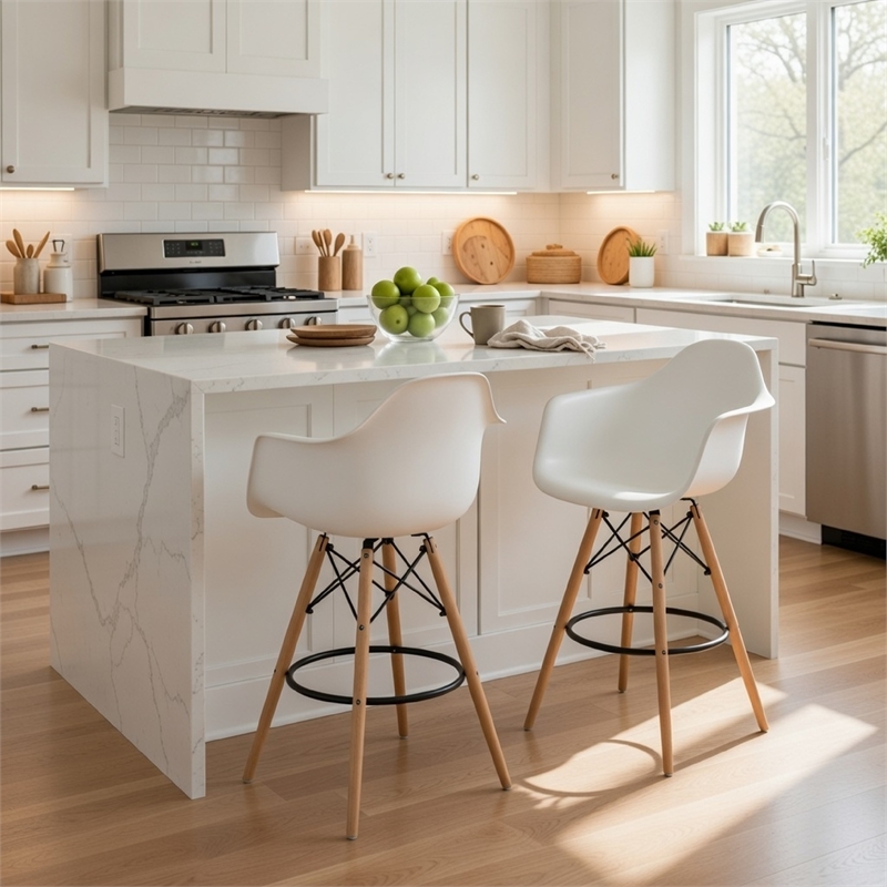 Pemberly Row 30 Inch Barstool Chair Set of 2 White Curved Seat Brown Wood