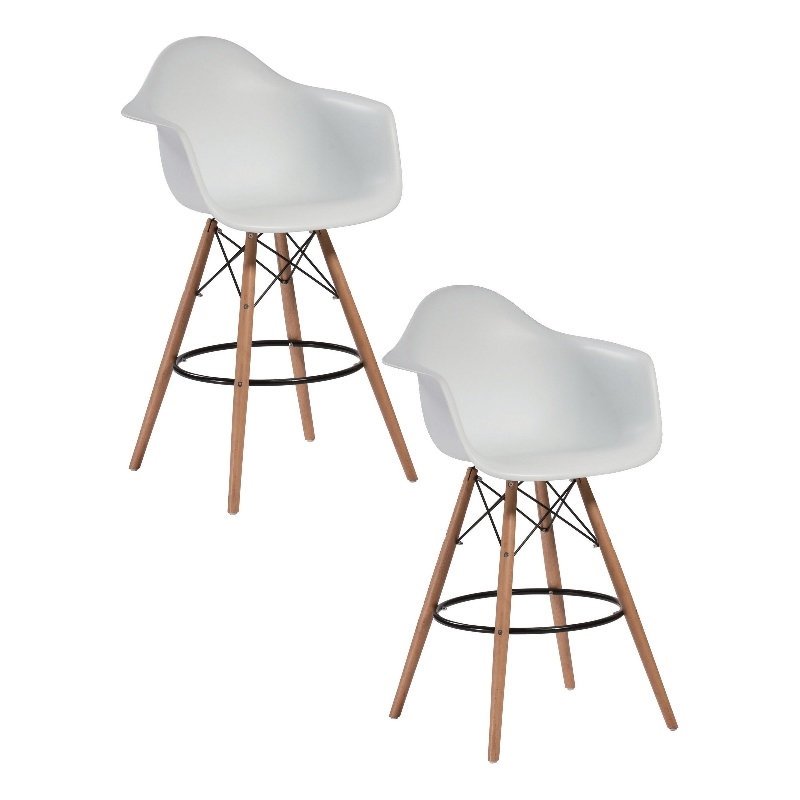 Pemberly Row 30 Inch Barstool Chair Set of 2 White Curved Seat Brown Wood