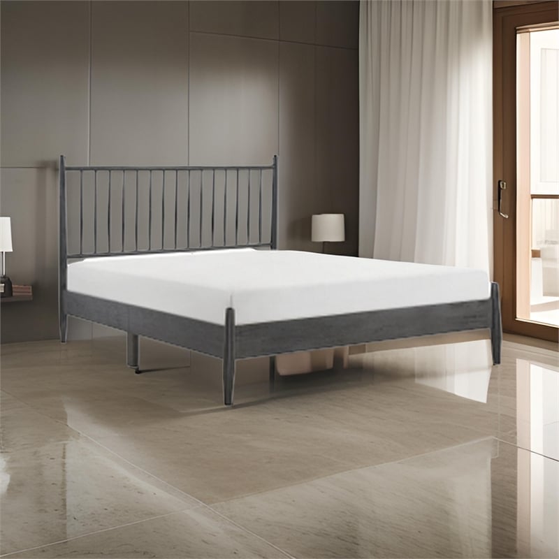 Pemberly Row Queen Size Platform Bed with Vertical Slatted Headboard in Gray