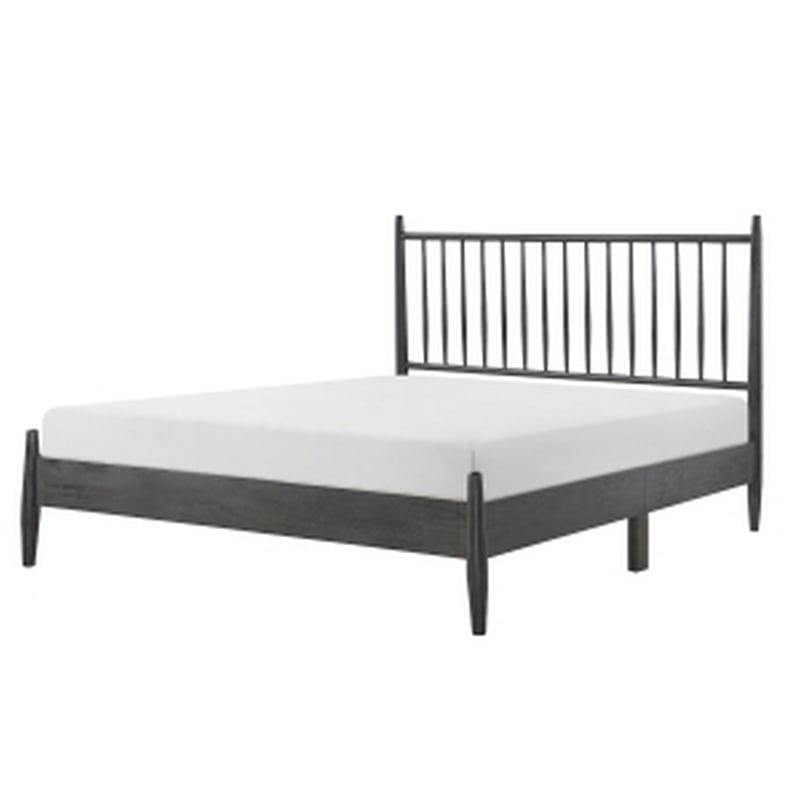 Pemberly Row Queen Size Platform Bed with Vertical Slatted Headboard in Gray